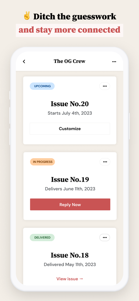 Letterloop: Group Newsletters - Letterloop app interface displaying a list of group newsletter issues with status labels for upcoming and in progress content