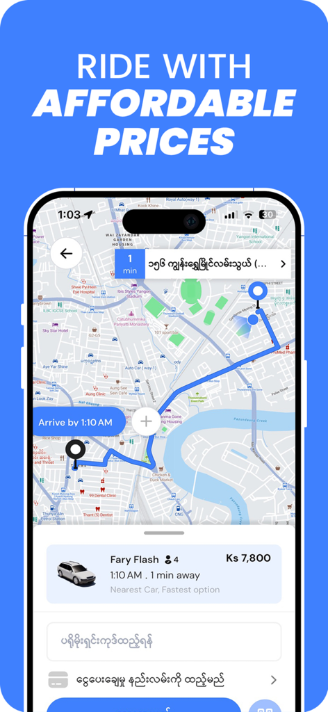 Fary - Ready to deliver - Fary app screenshot showing a map route and affordable ride prices