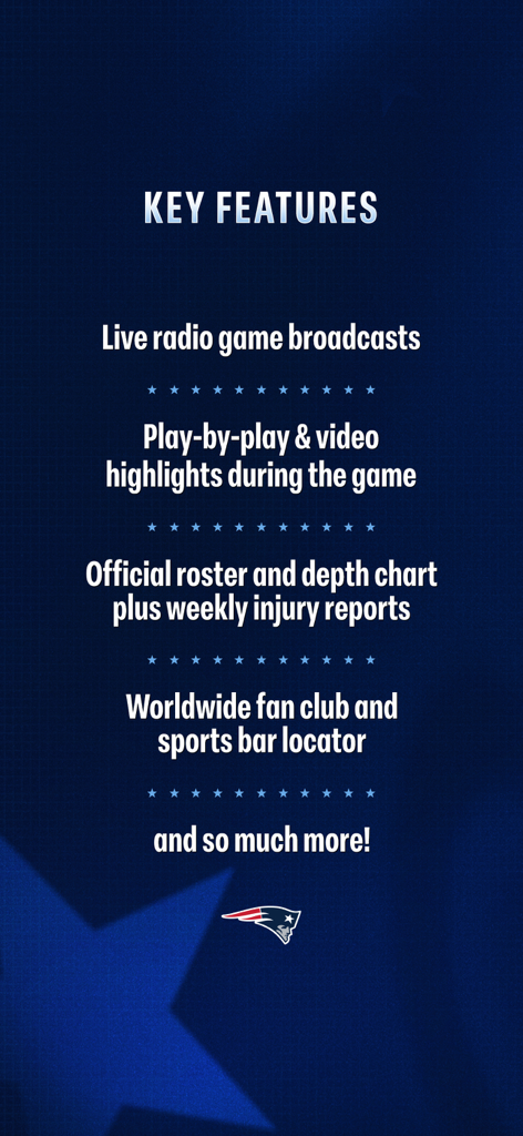 List of key features for the New England Patriots official app including live radio broadcasts and sports bar locator.