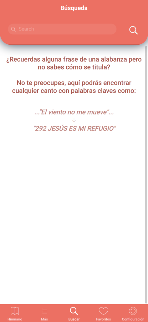 Pantalla de búsqueda de la aplicación Himnario LLDM que muestra cómo encontrar himnos por letra o frases