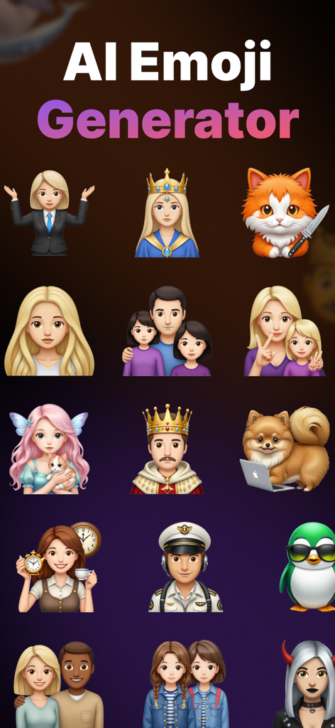 Genmoji - AI Emoji Maker - Une collection d'emojis générés par IA personnalisés présentant des personnages et des animaux divers