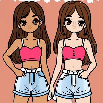 two sisters with crop tops and jean shorts and straight hair