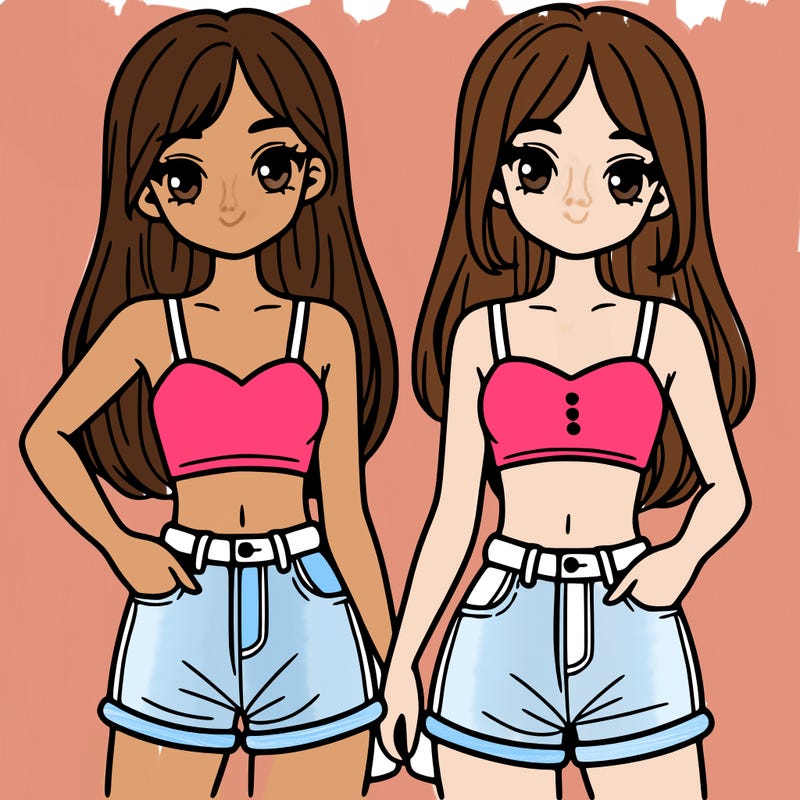 two sisters with crop tops and jean shorts and straight hair