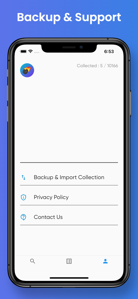 Collection Guide for Hotwheels - Menú de Copia de Seguridad y Soporte en la aplicación Hotwheels Collection Guide que muestra opciones para importar la colección y contactar con soporte.