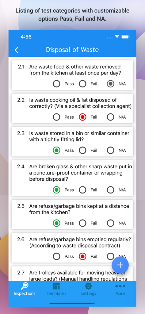 Waste disposal checklist screen with pass fail and NA options in the OnSite Checklists app