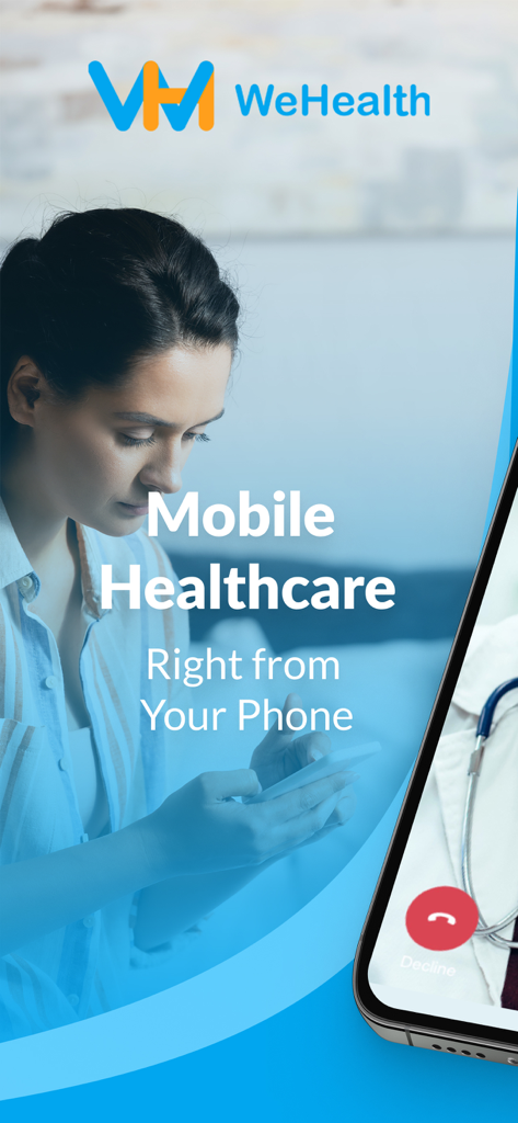 WeHealth Telehealth - Eine Frau nutzt die WeHealth App für mobile Gesundheitsdienste auf ihrem Smartphone.