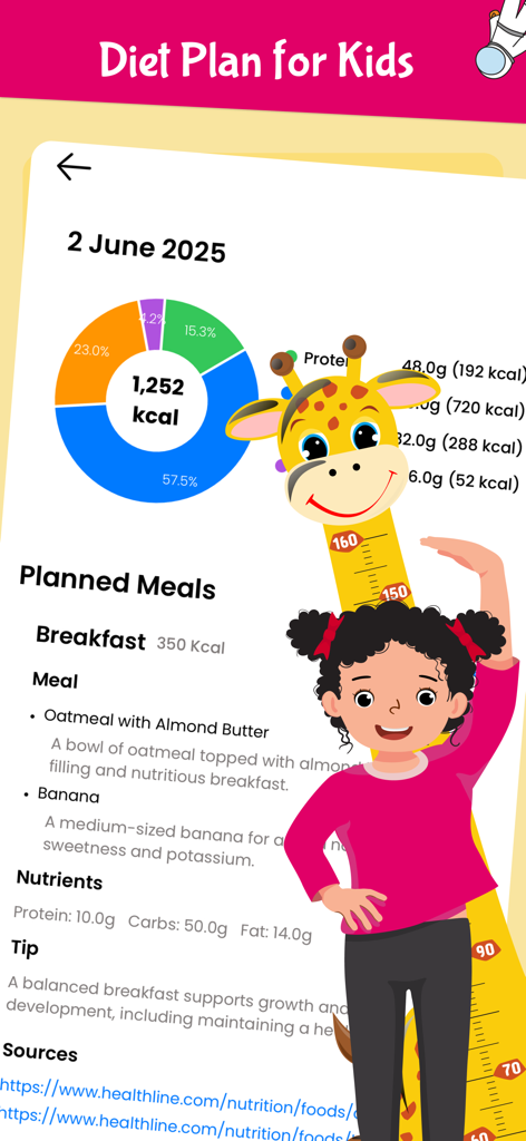 Workout For Kids Height - Mobile app screen showing a daily diet plan for kids with calorie breakdown and nutritious meal suggestions