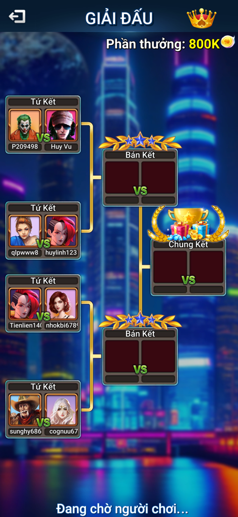 Tiến Lên Offline - Phỏm, Tá Lả - Pantalla del cuadro de torneo para la aplicación del juego de cartas vietnamita Tien Len Offline que muestra el progreso de los partidos y las recompensas.