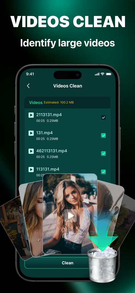 Pics Clean:Similar Photo Clean - App interface showing large video identification for storage cleaning.