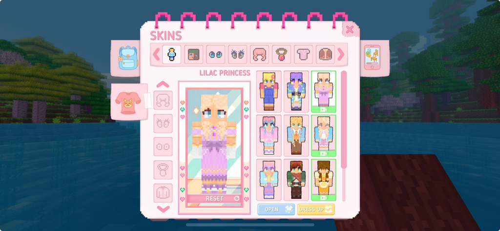A cute character customization menu with various blocky skins and a lilac princess outfit in Kawaii Craft