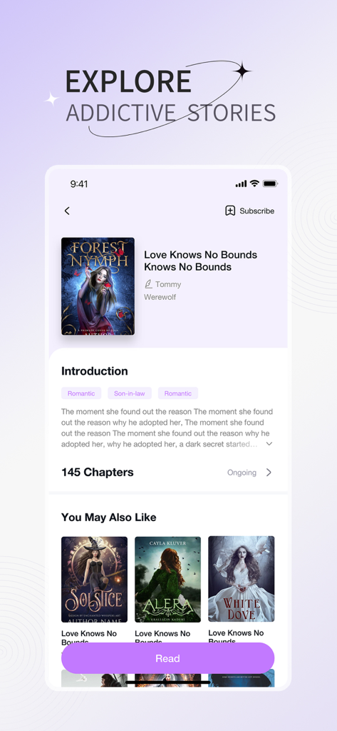 Novellair - Écran d'application mobile de Novellair affichant la description d'une histoire d'amour et des livres recommandés