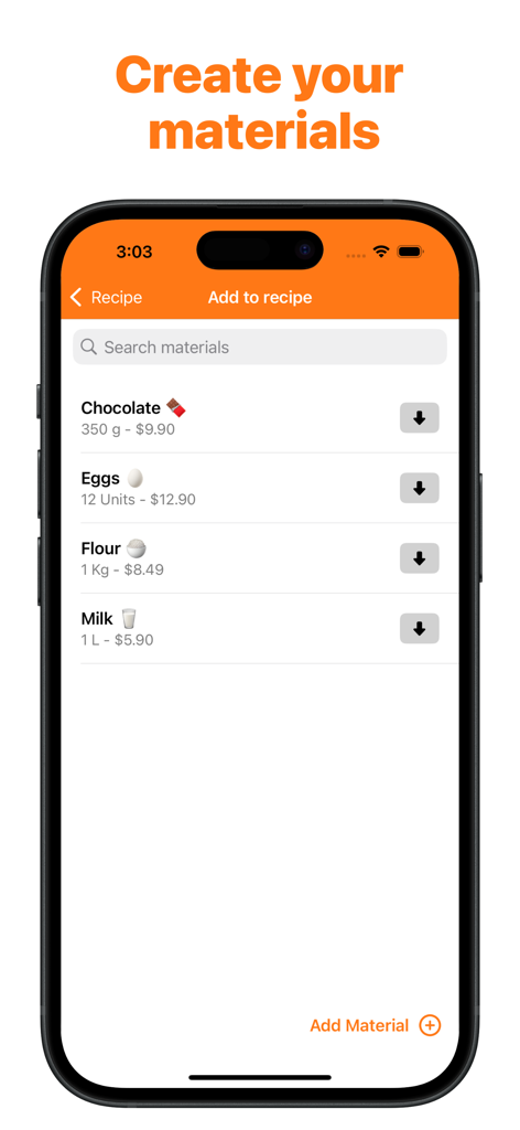 Recipe Cost Calculator App - Mobile interface of the Recipe Cost Calculator app showing a list of materials like chocolate eggs flour and milk with their corresponding prices