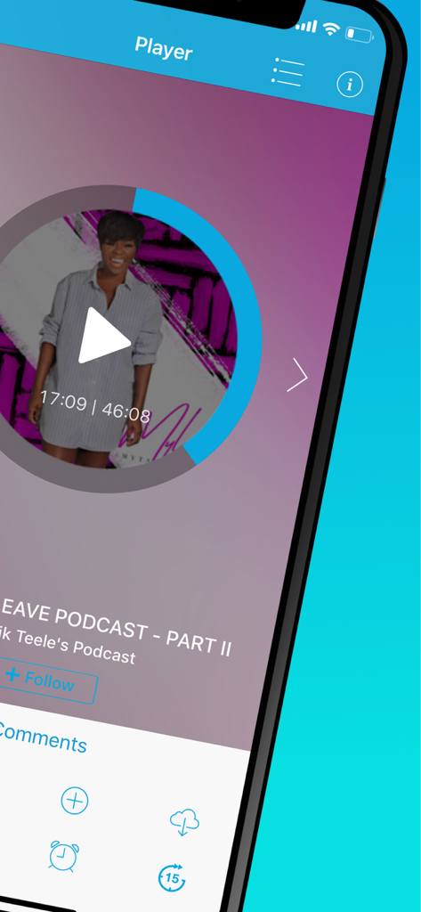 Interfaz del reproductor de podcasts de Podomatic mostrando los controles de reproducción circulares y los detalles del episodio.