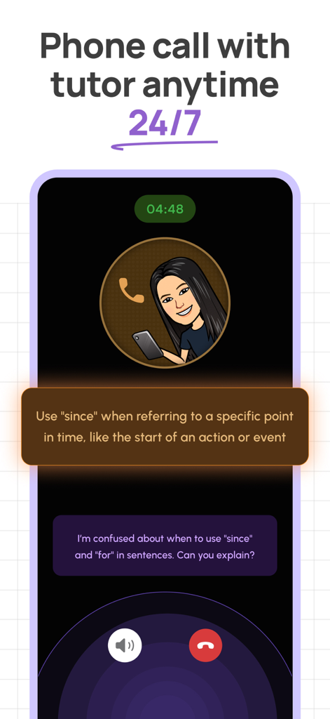 Stimuler app interface showing a 24/7 phone call with an AI tutor for English speaking and grammar practice