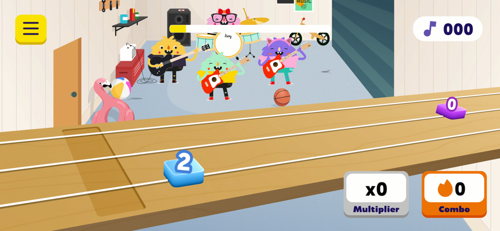 A rhythm game screen in the Loog Guitar app showing numbered blocks on a guitar neck with a cartoon monster band in the background.