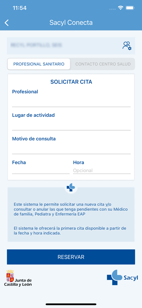 SACYL CONECTA - Pantalla de la aplicación móvil Sacyl Conecta que muestra el formulario para solicitar una cita médica.