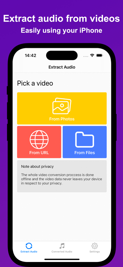 Audio Maker - MP3 Converter - Interfaccia dell'app Audio Maker su iPhone che mostra opzioni per estrarre audio da foto, URL o file.