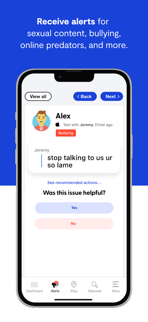 Bark Kids - Interface do aplicativo Bark Kids mostrando uma notificação de alerta de bullying de uma mensagem de texto.