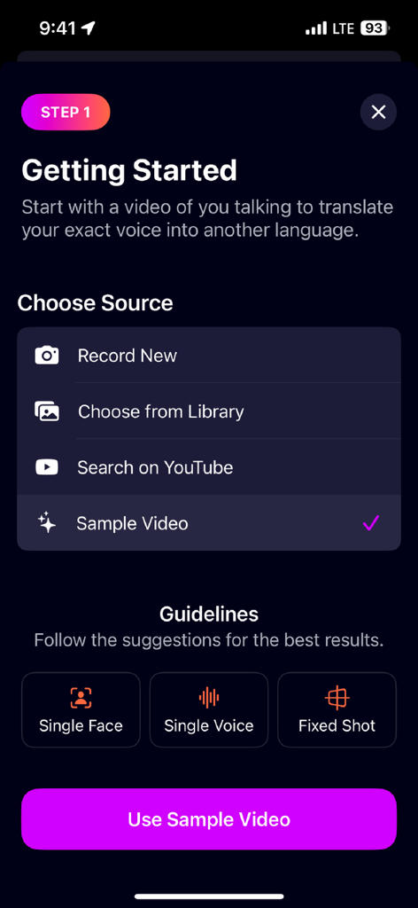 Der Einrichtungsbildschirm der AiDub App zeigt Optionen für die Videoquelle wie neues Video aufnehmen und aus Bibliothek wählen für KI-Übersetzung.