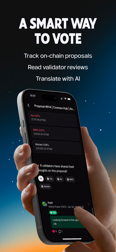 Keplr - Crypto Wallet - Keplrアプリのガバナンス投票インターフェースを表示するスマートフォン画面。ブロックチェーン提案の追跡と投票ができます。