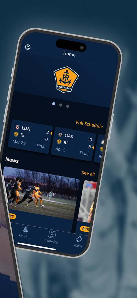 Tela inicial do aplicativo oficial do Rhode Island FC mostrando placares e notícias da equipe