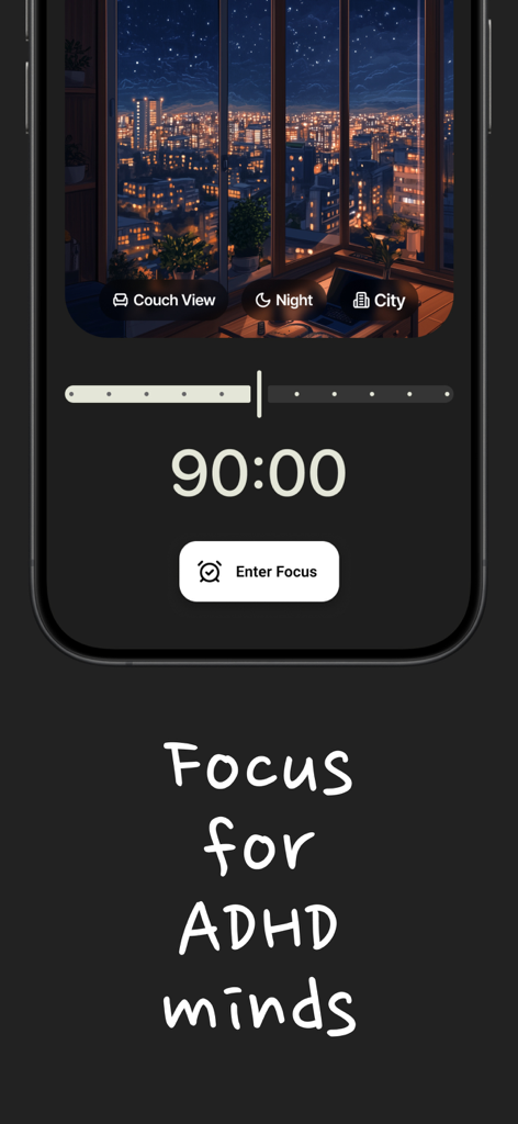 Win Focus: ADHD Focus Timer - Minimalist interface of Win Focus app featuring a 90 minute timer and a cozy city night view background