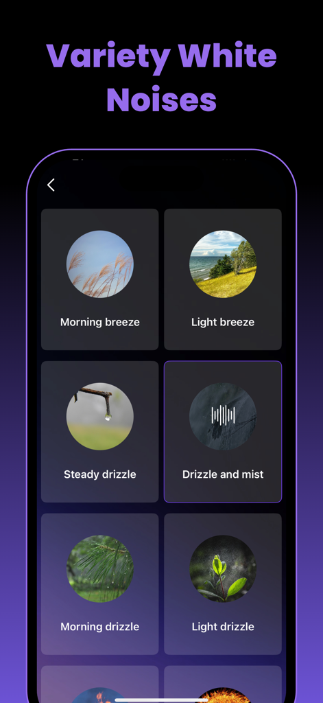 Interfaz de aplicación móvil que muestra una variedad de opciones de sonido de ruido blanco como Brisa Matutina y Llovizna Ligera.