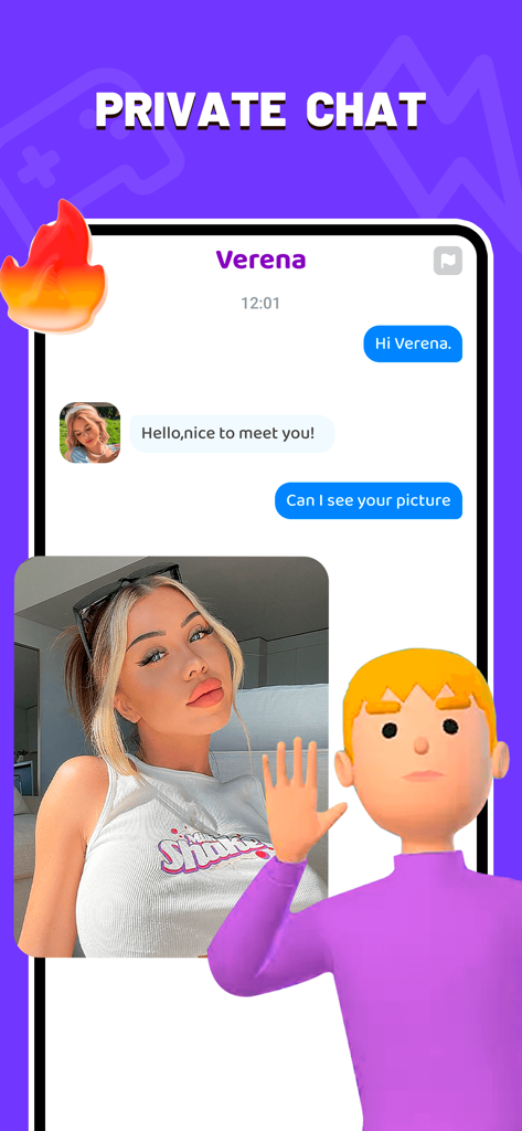 Interface de l'application Yolo montrant un chat privé entre un utilisateur et un avatar avec une photo partagée.