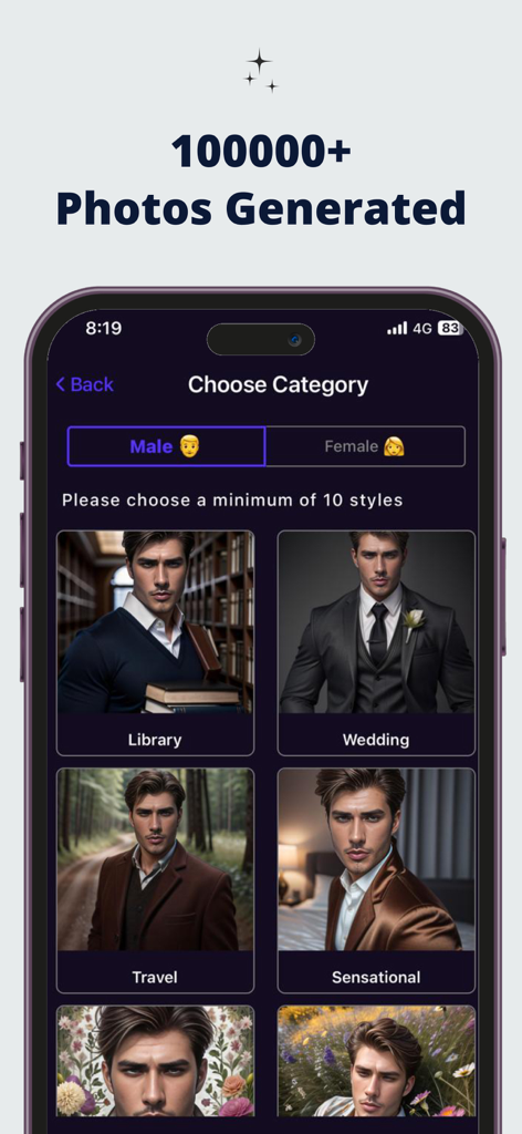 Headshot Pro AI: Perfect Photo - Interfaz de la aplicación Headshot Pro AI que muestra una variedad de estilos de fotos profesionales para hombres