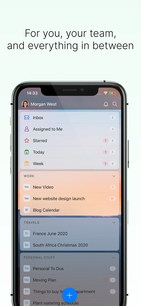 Zenkit To Do app interface showing organized task folders for work travel and personal projects on an iPhone.