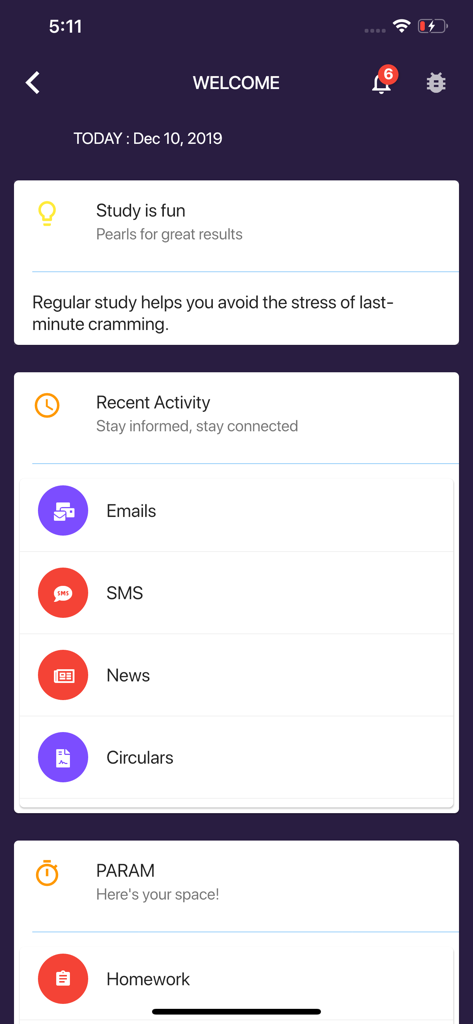 Digital Campus Parent App v3 - Digital Campus Parent Appのウェルカム画面。最近のアクティビティ、ニュース、宿題のセクションがあります。