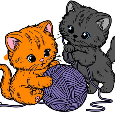 2 fluffy kittens that are playing with a yarn ball