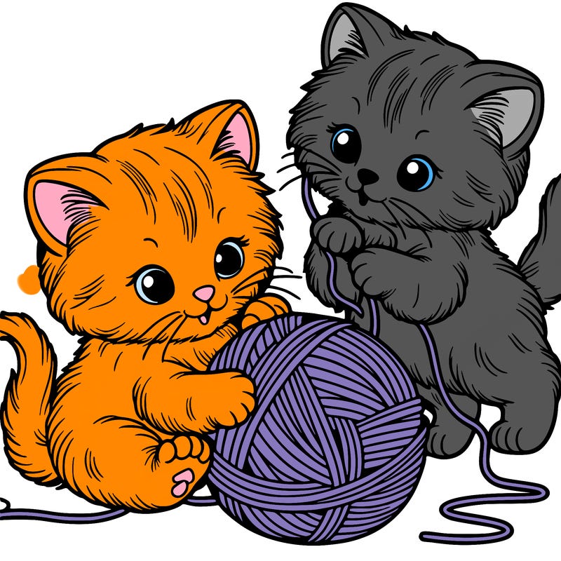 2 fluffy kittens that are playing with a yarn ball