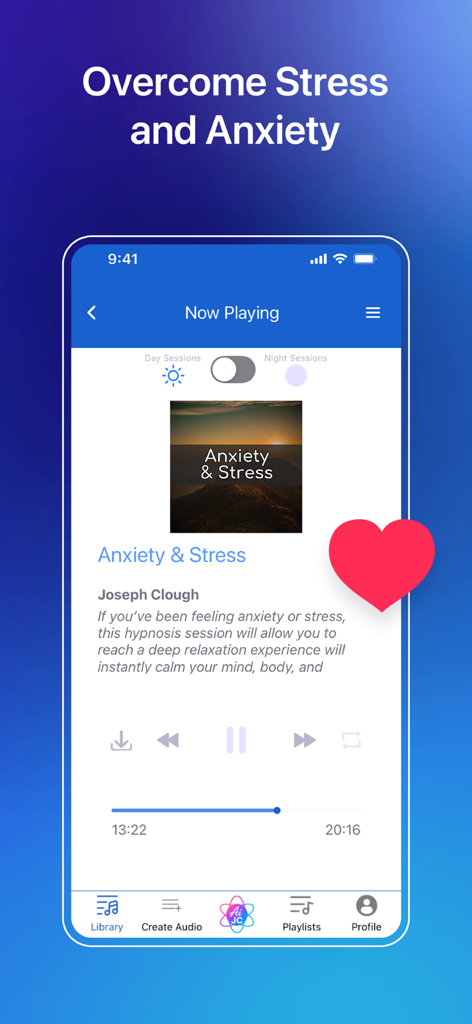 Hypnosis with Joseph Clough - Hypnosis with Joseph Clough app showing an audio session to overcome anxiety and stress.