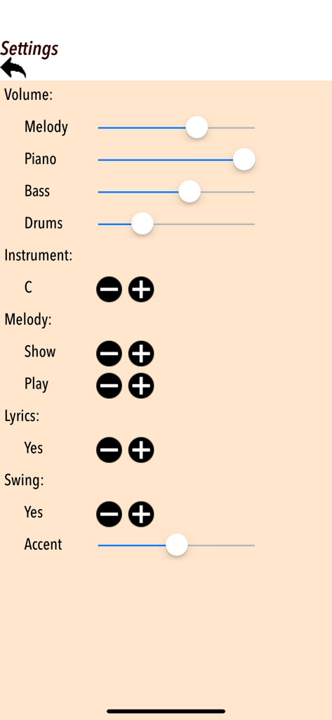 Settings menu of the Tritone Jazz app featuring volume sliders for melody, piano, bass, and drums along with swing rhythm adjustments