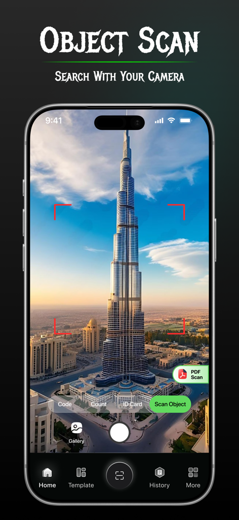 Interfaz de la aplicación ScanMaster mostrando la función de escaneo de objetos identificando un edificio alto