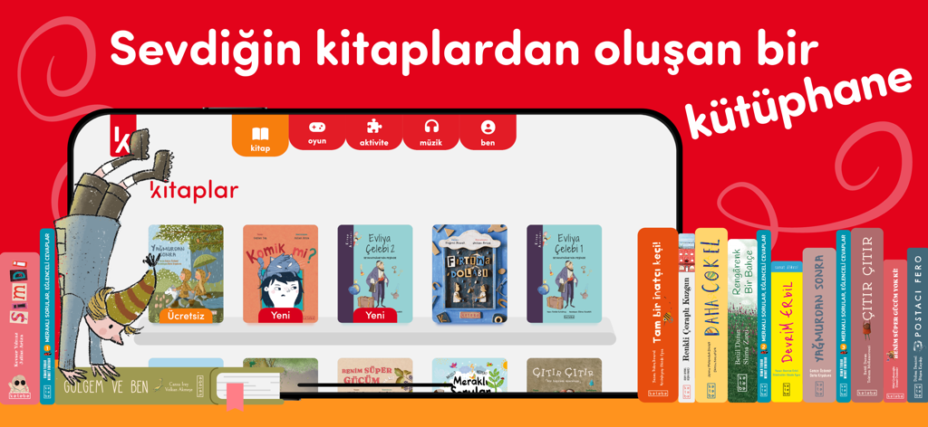 Interfaz de la aplicación móvil Ketebe Cocuk que muestra una biblioteca digital de libros ilustrados para niños