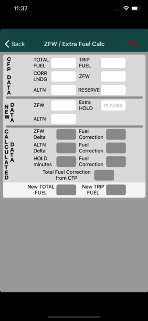Interface de l'application mobile CX ToolKit affichant le calculateur ZFW et de carburant supplémentaire pour les pilotes de ligne