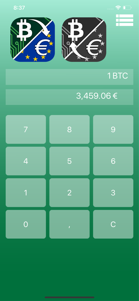 Bitcoin to Euro currency converter keyboard interface