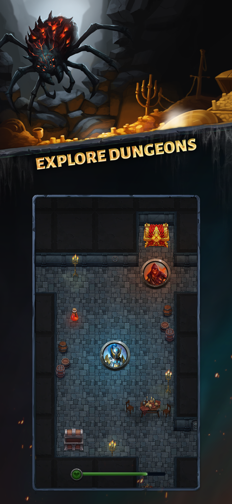 Age of Revenge: Card Based RPG - A top-down view of a character exploring a dark fantasy dungeon with treasures and enemies in Age of Revenge RPG