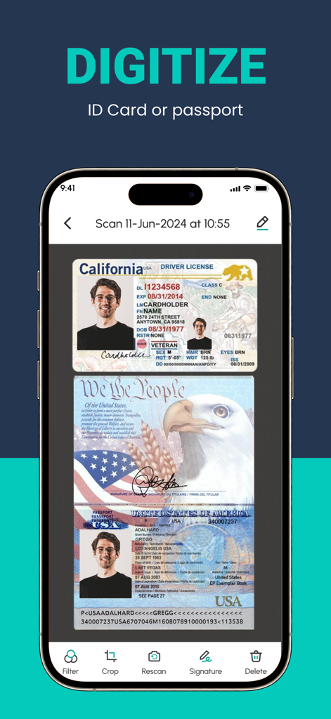 Tela de smartphone mostrando o aplicativo ScanLuxe digitalizando uma carteira de motorista da Califórnia e um passaporte dos EUA com ferramentas de edição de documentos
