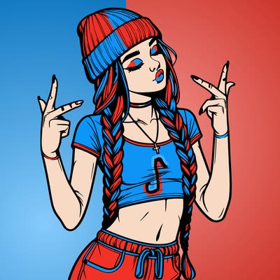 realistic teenage girl with braids and a beanie and crop top doing 🫶🏼