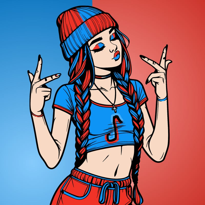 realistic teenage girl with braids and a beanie and crop top doing 🫶🏼