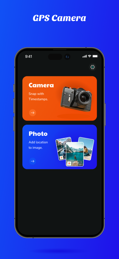 GPS Camera with Time Stamp - Main interface of the GPS Camera app with options to take photos with timestamps or add location data to images.