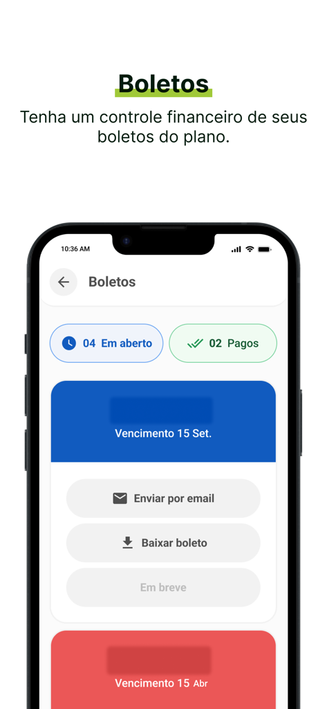 MedSênior-App-Oberfläche, die die Verwaltung von Rechnungen für den Gesundheitsplan mit Optionen zum Herunterladen oder Versenden von Zahlungsbelegen per E-Mail anzeigt