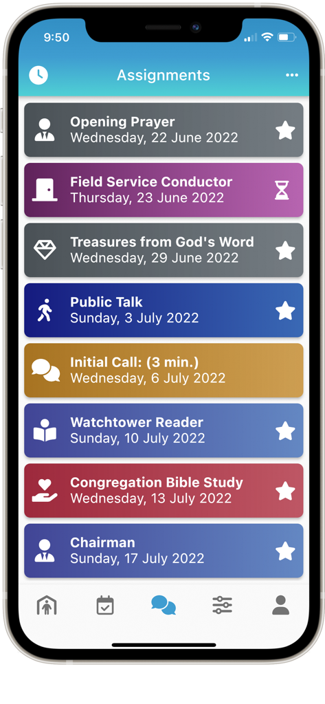 A list of congregation assignments in the NW Publisher app showing duties like Public Talk and Watchtower Reader with dates.