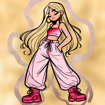 girl in baggy pants crop top and long hair