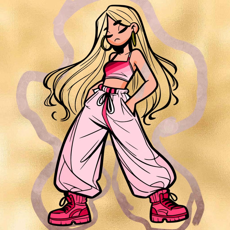 girl in baggy pants crop top and long hair