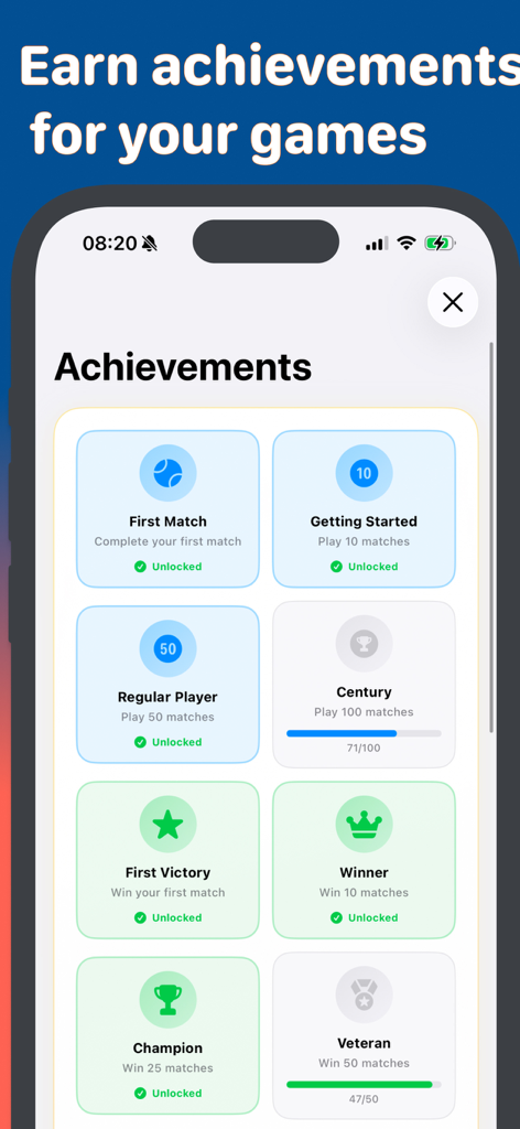 Achievements screen in the Padel Fit app displaying earned badges for matches played and victories won.