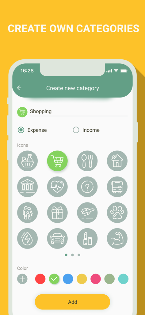 Money manager, expense tracker - Pantalla de la aplicación móvil para crear categorías de gastos e ingresos personalizadas con iconos y colores
